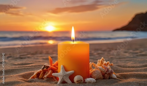 two burning candels on beautiful sand beach during romantic sunset, miracle candles on blurred seascape background, celebrate an event for two in nature, party on the beach concept with copy space © Xabi