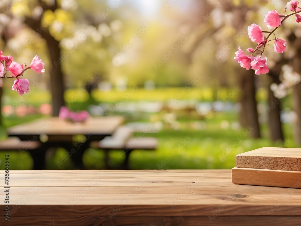 Wooden table with tulip flowers on blurred background. Spring concept. AI Generated