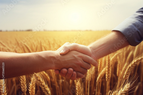 Experienced farmers seal the deal with a handshake in a wheat field. Business, agriculture concept. Handshake of two men.