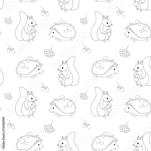 Hand drawn vector monochrome seamless pattern with hedgehog, squirrel and berries. Outline fall baby backdrop.