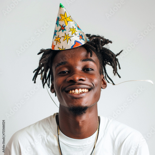 Smiling guy wearing a party hat on a white background photo