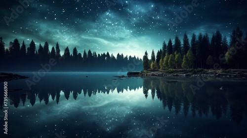 A calm, starlit night sky reflected in a still lake, surrounded by the silhouette of trees