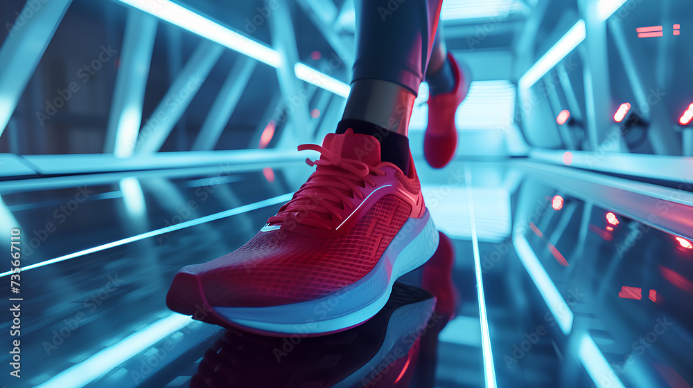 Fototapeta premium A person jogging on a treadmill at dusk, fitness and health concept in an indoor setting. 