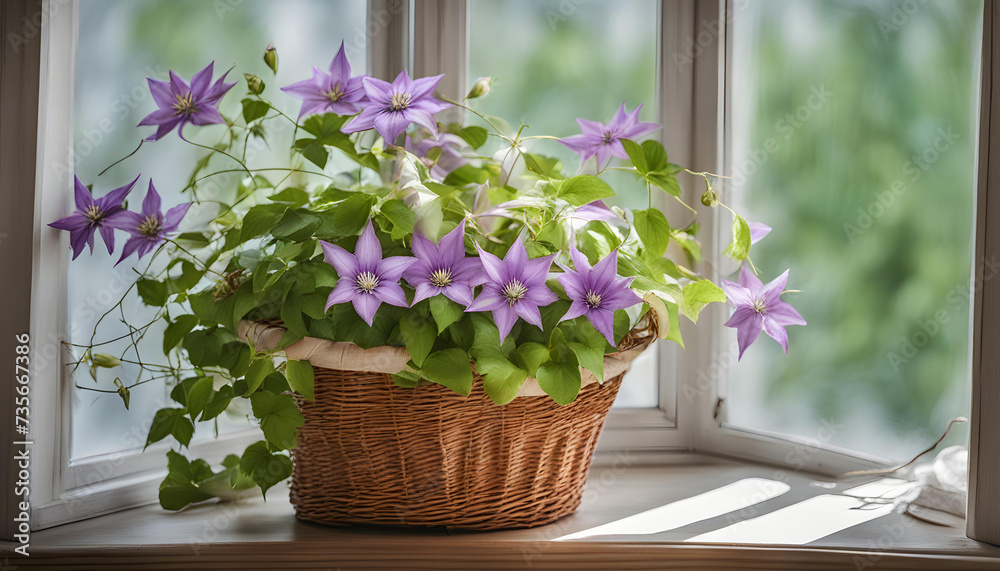Purple Clematis flowers in wicker basket near window. Purple Clematis flowers in wicker basket near window.
