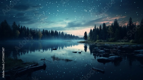 A calm, starlit night sky reflected in a still lake, surrounded by the silhouette of trees © Jigxa