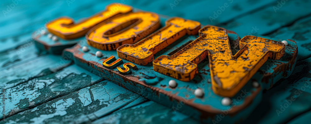 Eye-catching 'JOIN US' text in bold, weathered yellow on a teal background, symbolizing invitations, community, and engagement." - obrazy, fototapety, plakaty 