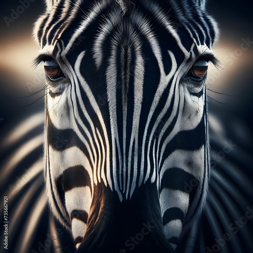 a zebra s face  emphasizing the intricate details of its fur  the intensity of its eyes  and the beautiful interplay of light and shadow