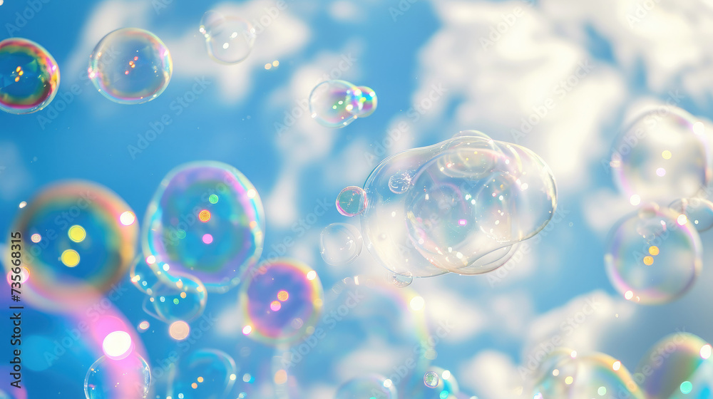 Floating Bubbles Against Blue Sky - Immerse yourself in the delight of transparent bubbles soaring into the clear blue sky, a symbol of freedom and dreams.