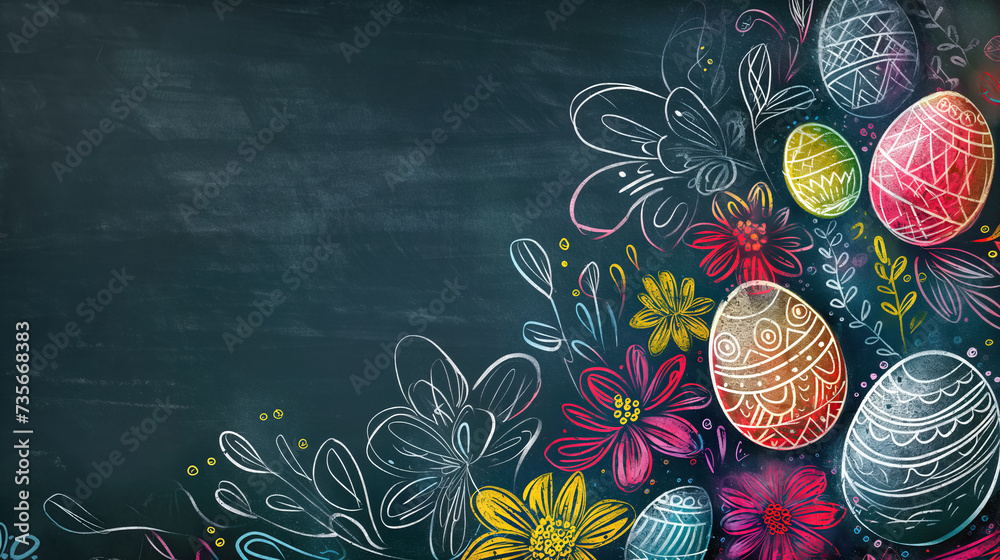 Colourful Chalk Drawn Easter Eggs and Spring Flowers on a Black Chalkboard Background - obrazy, fototapety, plakaty 
