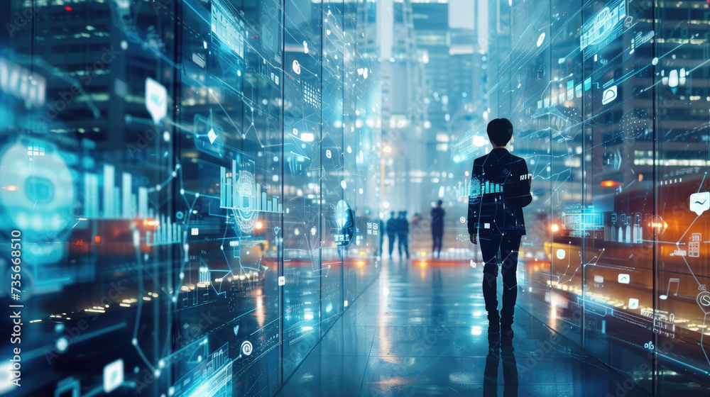 Futuristic Vision in Corporate Tech Growth - A lone figure observes intricate data streams, symbolizing the strategic vision required for corporate growth in the tech-dominated era.