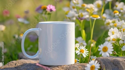 Close-up of a white color 11oz Mug on stone with Daisy Garden background , Mug mockup, Tumbler Mockup
