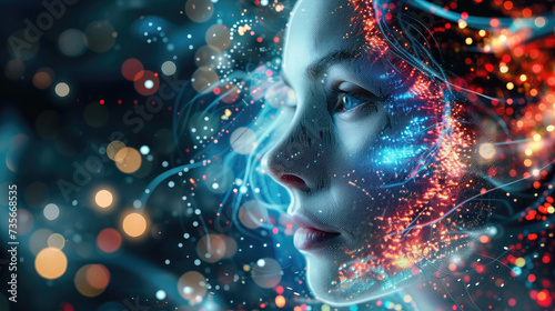 person in a maskArtificial Intelligence and Human Essence Convergence - A visually striking representation of a woman's face merging with a vibrant digital network, illustrating the convergence of art