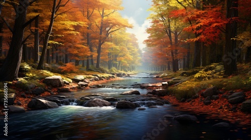 A peaceful river winding through a forest  its banks lined with autumn leaves and the sound of water soothingly clear