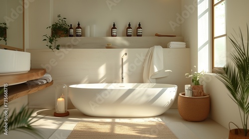 Stylish modern designer bathroom with a white bathtub in the middle and decorative elements  palm plants and carpe