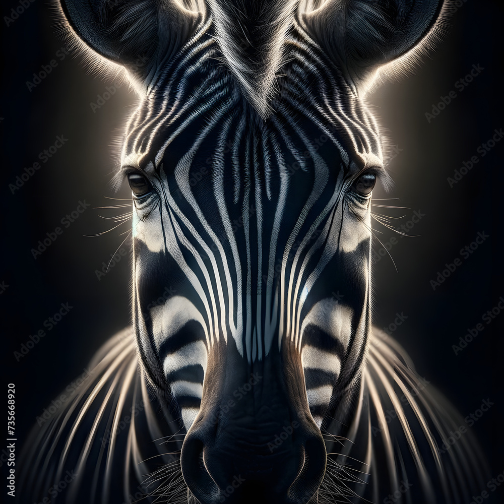 a zebra's face, the intricate details of its fur, the piercing intensity of its eyes, and the play of light and shadow on its majestic features. The composition emphasizes the zebra's unique patterns
