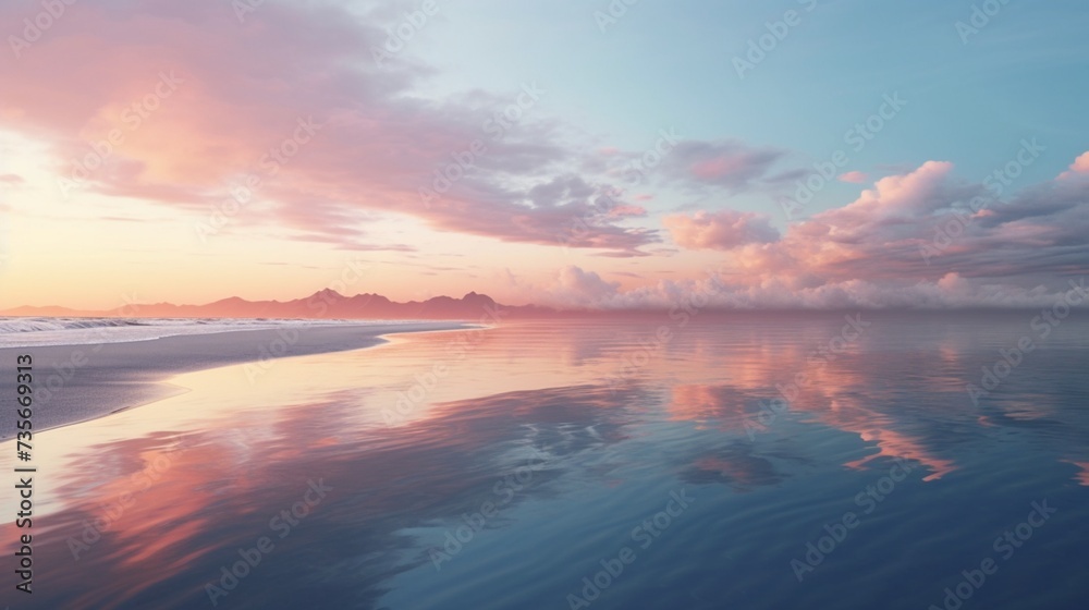 A quiet, reflective moment on a deserted beach at sunrise, the sky and sea merging in a palette of soft colors