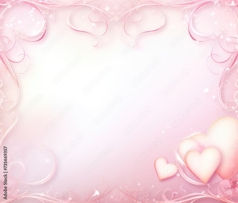 A pink background with hearts and a frame. Generative AI.