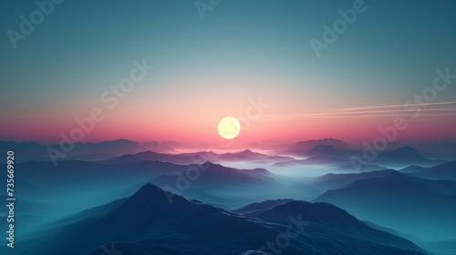 Minimalistic background wallpaper with mountains sun and fog