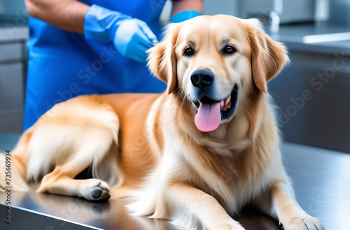 A dog of the Golden Retriever breed being examined by a veterinarian. 