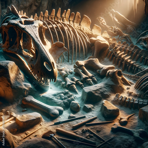 dinosaur fossils embedded in rock as part of an archaeological dig, various dinosaur bones, including a skull, ribs, and limbs, partially exposed from the earth, set against the backdrop of rock  photo