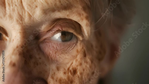 A portrait of a person with age spots and lined skin showcasing the beauty and unique details of their aging face, Elderly female With Freckled Hair and Blue Eyes photo