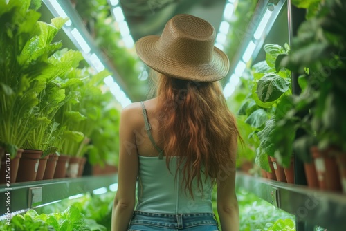 Focused female farm owner back view inspecting plants at an indoor vertical farm with hydroponic system