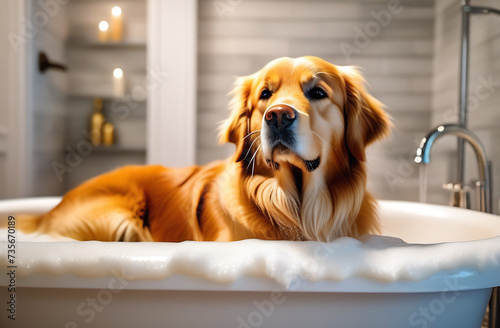 A Golden Retriever dog sits wet in a bathtub filled with foam and water. Washing the dog at home in the bathroom, caring for a pet. Grooming salon and hair care for long haired dogs.