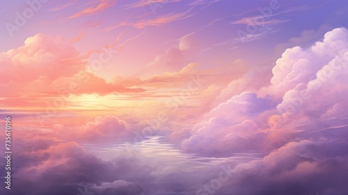 A soft, dreamy cloudscape at dawn, the clouds painted in shades of pink, orange, and lavender