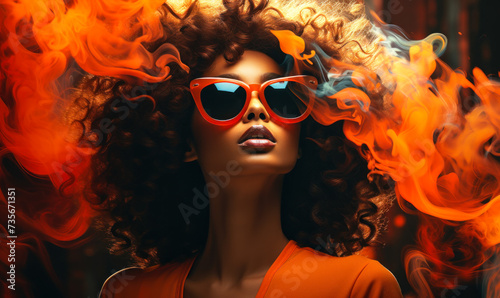 Radiant woman with voluminous curly hair and stylish sunglasses evokes a sense of fiery passion and fashion-forward flair