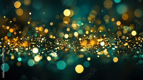 Enchanting Golden Bokeh Lights on a Dark Emerald Green Background, Abstract Festive Sparkle for Holiday, Celebration, or Elegant Event Backdrop