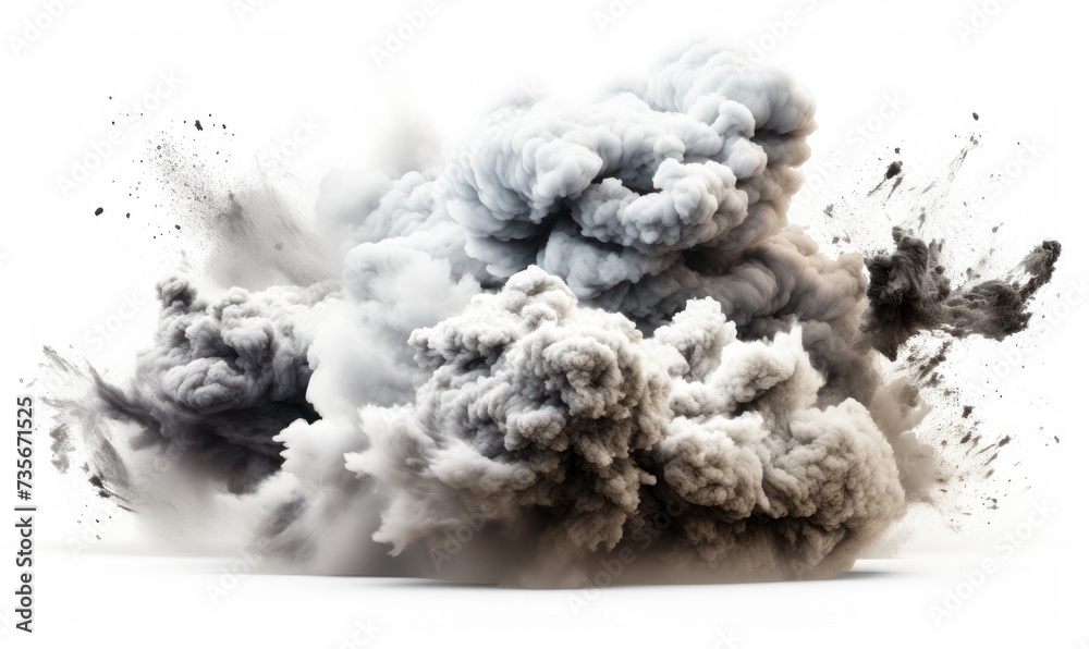 Explosive Burst of Dense Smoke Clouds Isolated on White Background, Concept of Power, Destruction, and Turbulent Force in Nature or Industry Explosive Burst of Dense Smoke Clouds Isolated on White Background, Concept of Power, Destruction, and Turbulent Force in Nature or Industry