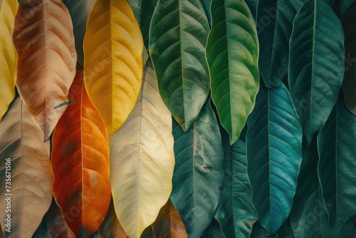 Closeup leaves in different color and age . Line of colorful leaves in spring autumn fall season.