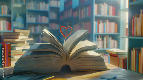 An open book on a table with pages forming a heart shape, symbolizing love for reading, in a cozy library environment. 