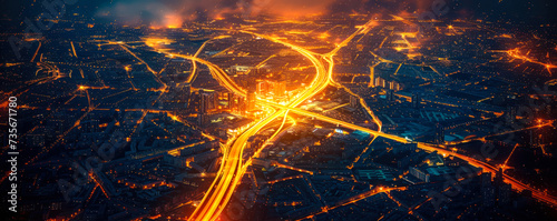 Aerial view of a city at night showcasing the intricate network of illuminated streets and highways, embodying the pulsating life of urban infrastructure