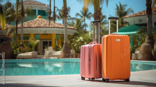 Luggage suitcases beside resort swimming pool for tourism summer. photo