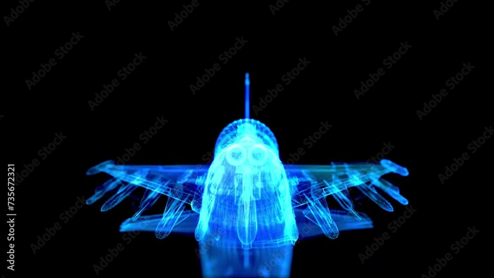 Military Jet. Blue particle and lines form 3d model Air plane. Digital visualization aviation air force.