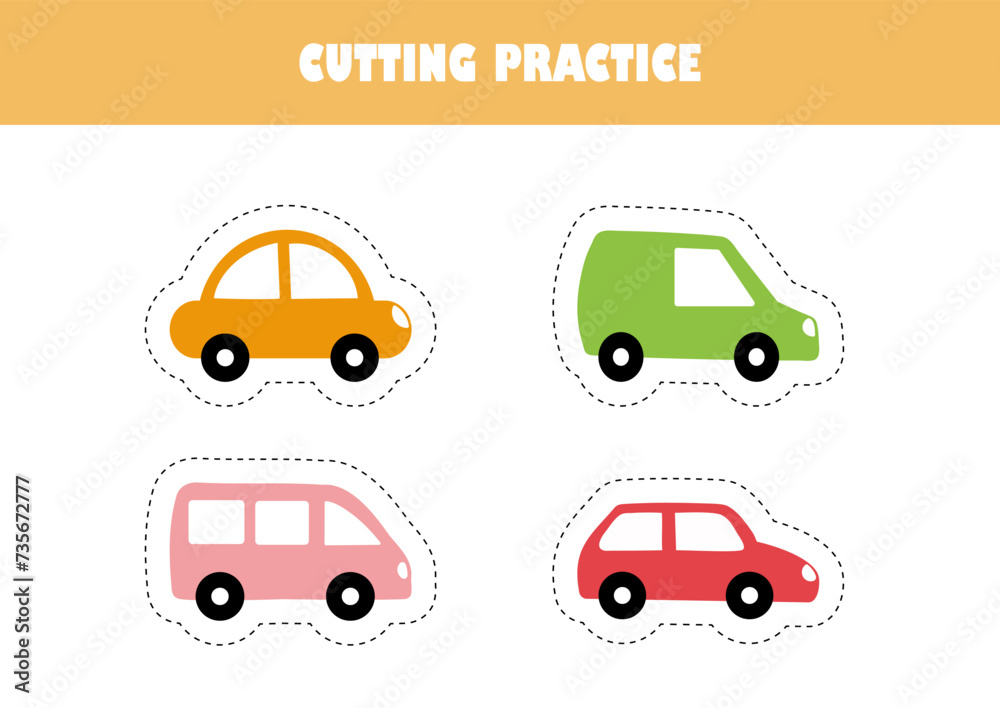 Preschool education activity page vector illustration. Cutting practice for kids. Cartoon cars.