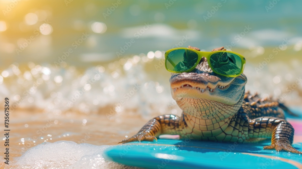 A cute alligator surfer enjoys a fun-filled summer day at the beach, riding waves with enthusiasm, Ai Generated. - obrazy, fototapety, plakaty 