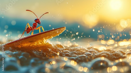 A cute ant surfer enjoys a fun-filled summer day at the beach, riding waves with enthusiasm, Ai Generated. © Crazy Juke