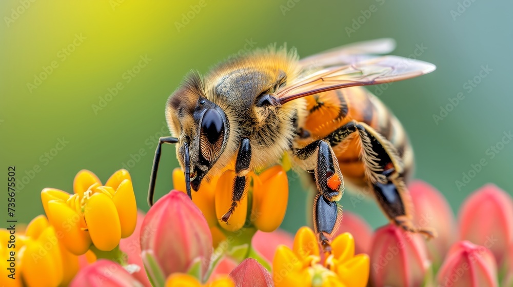 Beautiful honey bee on a flower, close-up macro shot captures intricate details, Ai Generated. Beautiful honey bee on a flower, close-up macro shot captures intricate details, Ai Generated.