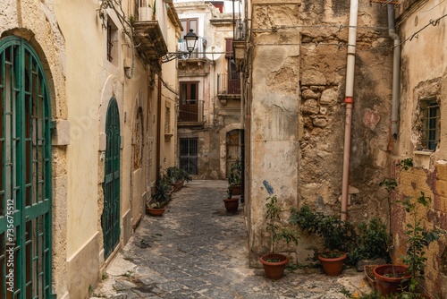 shabby neighborhood street with run-down buildings in the Old Town of Siracusa photo