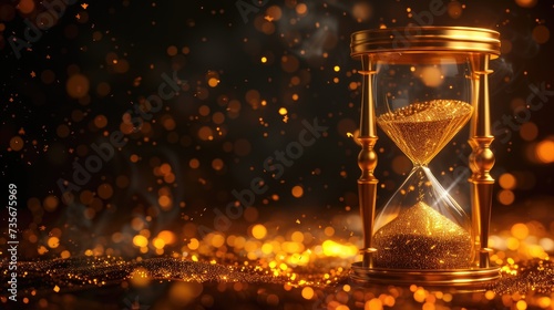 Illustration of a golden hourglass against a dark background, symbolizing the concept of time, Ai Generated. © Crazy Juke
