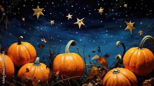 Vibrant pumpkins surrounded by colorful fall leaves set against a starry blue sky, capturing autumn's beauty, Ai Generated.