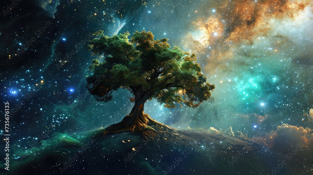 Obraz premium A cosmic nebula gives birth to a colossal tree, intertwining celestial and earthly wonders, Ai Generated.