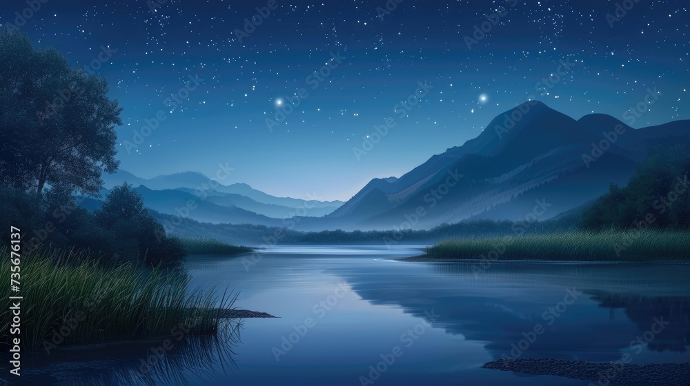 Night unveils a countryside, where a mountain river glows beneath a starry sky, Ai Generated.