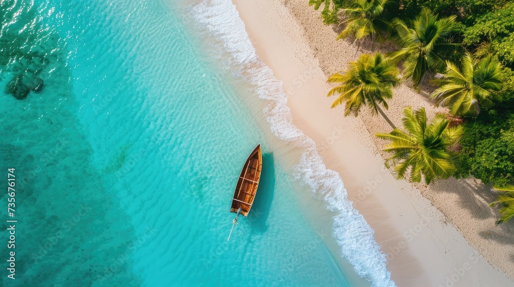 Fototapeta premium A drone's view captures a Caribbean paradise, turquoise waters, and palm-fringed serenity, Ai Generated.