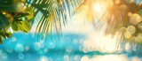 Serene sea backdrop with sunlit bokeh, palm leaves create a dreamy coastal allure, Ai Generated.