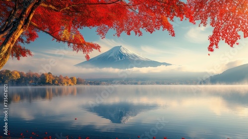 Autumn's palette unfolds, Fuji stands amid morning mist, adorned with fiery foliage, Ai Generated. © Crazy Juke