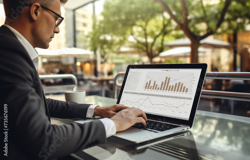 businessman using laptop and a laptop screen showing a business graph, in the style of bauhaus functional design, ethereal trees, oshare kei, selective focus, group material, screen format, blueprint 