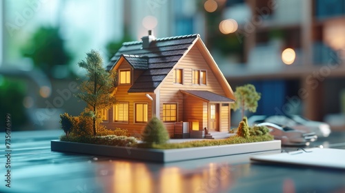 Miniature house holographically rendered on table, showcasing real estate options. Ai Generated